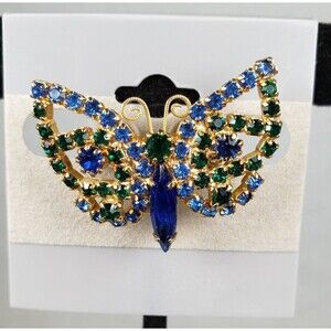 Vintage Gold Toned Butterfly Blue Green Prong Set Crysta Rhinestones Brooch Pin